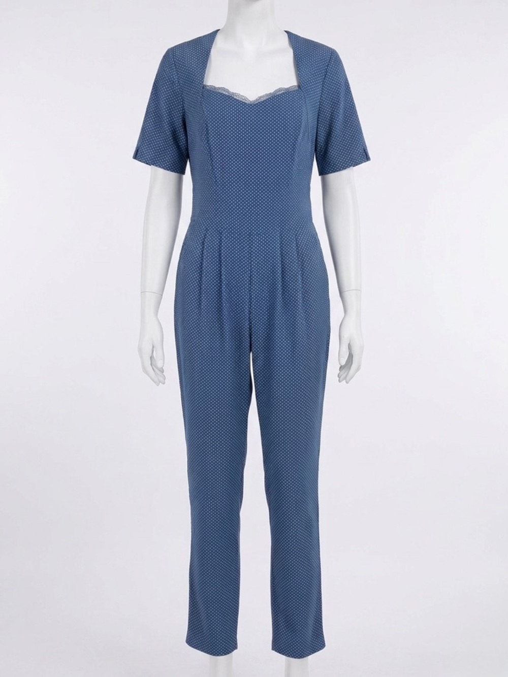 Vintage-Inspired Blue Polka Dot Jumpsuit | Square Lace Neckline Short Sleeve - L